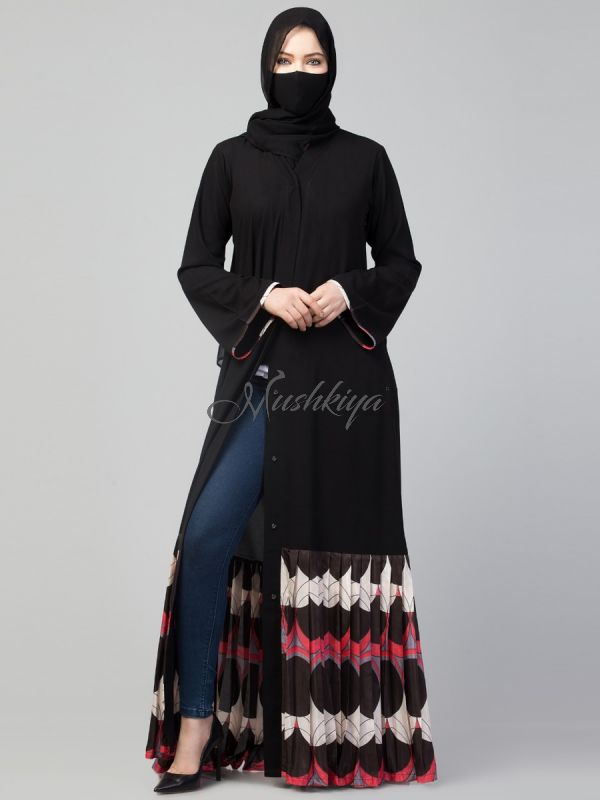 Open Abaya Dress With Pleated & Printed Hem