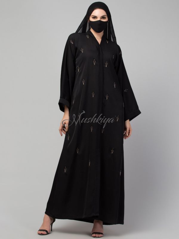 Occasion Wear Front Open Abaya: Handwork Embellishments with Matching Stole, Premium Nida Fabric