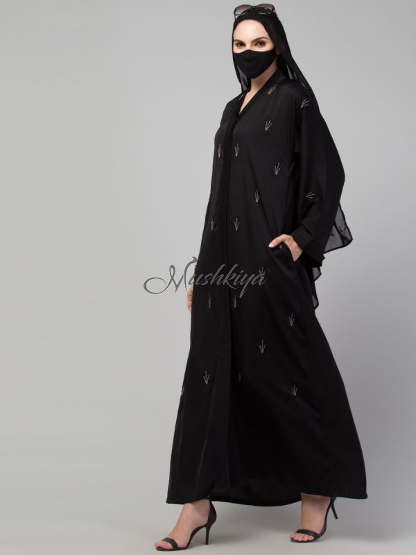 Occasion Wear Front Open Abaya: Handwork Embellishments with Matching Stole, Premium Nida Fabric