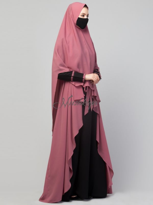 Four Pieces Set- Dual Layer Abaya With Khimar, Shrug & Stole Hijab.
