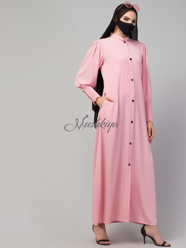 Front Open Abaya with Puff Shoulders: Smocky Sleeves and Contrast Buttons