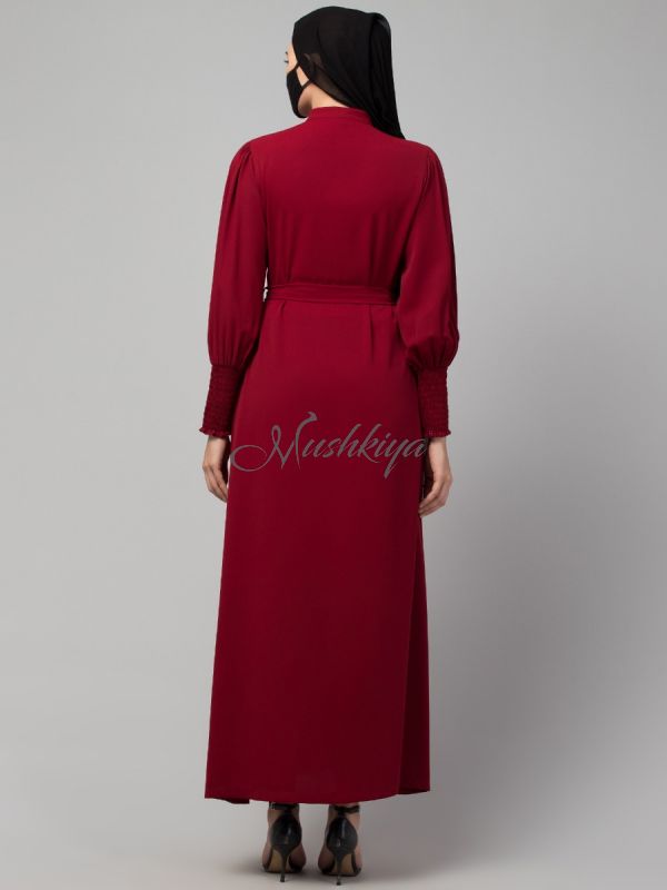 Front Open Abaya with Puff Shoulders: Smocky Sleeves and Contrast Buttons