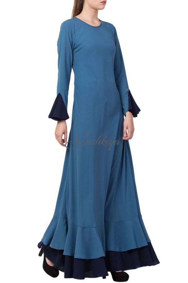 Mushkiya-Dual Color Designer Long Dress in Biased Cut with frills in Layers-Not An Abaya