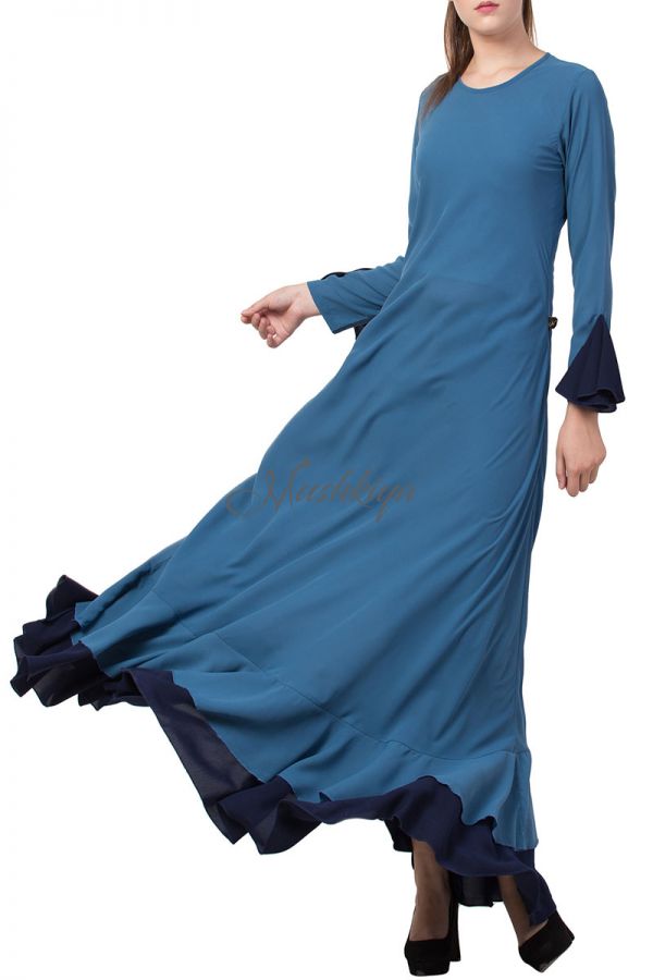 Mushkiya-Dual Color Designer Long Dress in Biased Cut with frills in Layers-Not An Abaya