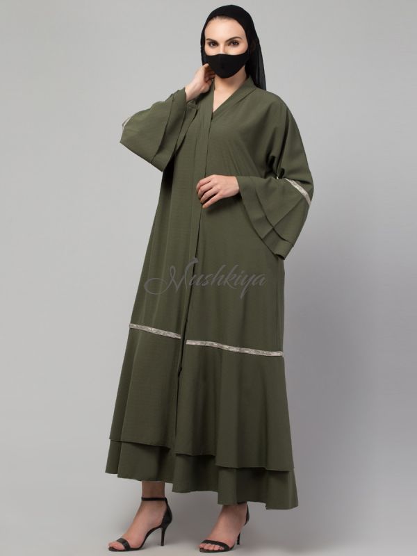 Lacework Occasion Wear Abaya: Dual Layer Bell Sleeves and Hem, Premium CYE Crush Fabric