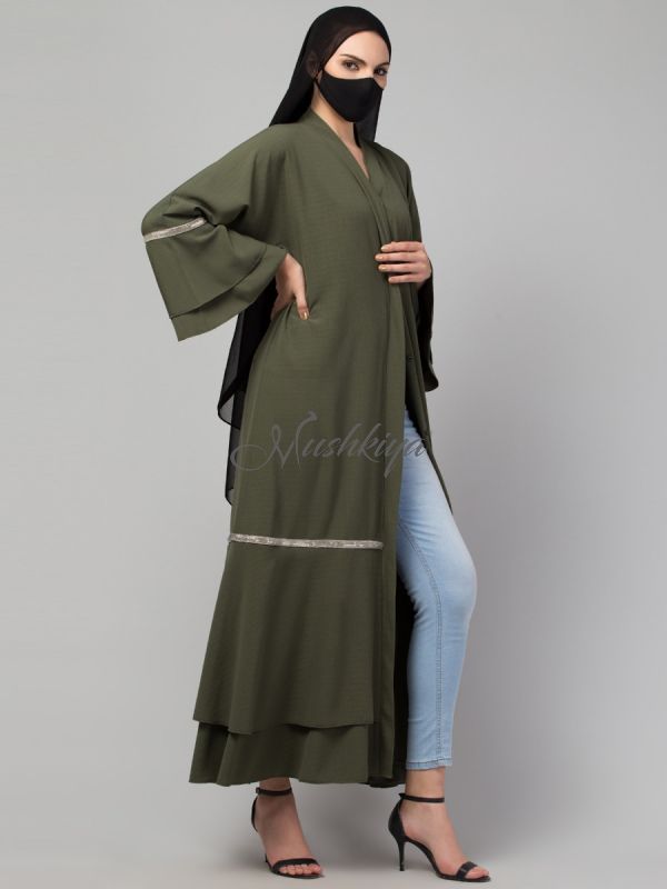 Lacework Occasion Wear Abaya: Dual Layer Bell Sleeves and Hem, Premium CYE Crush Fabric