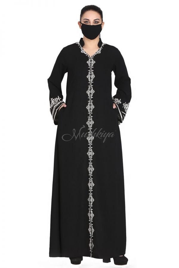 Mushkiya-Black-Front Open Abaya With White Embroidery.