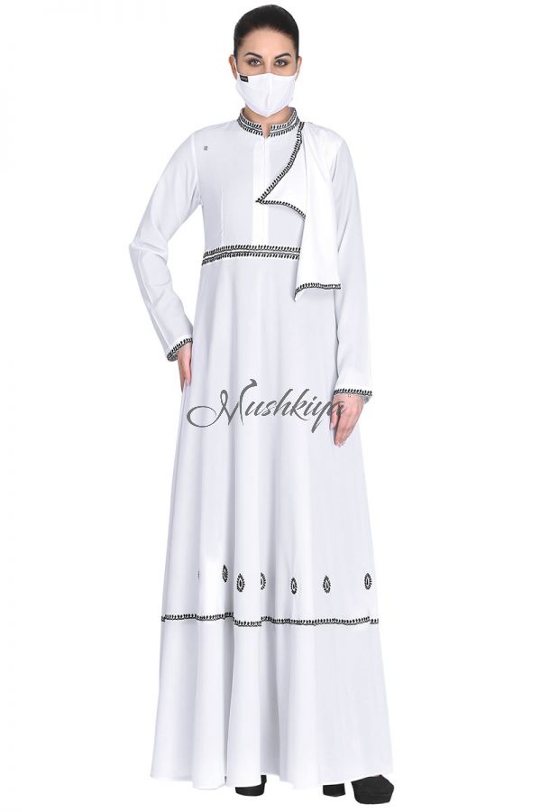Mushkiya-Embroidered-Modest Dress In White Color With Black Embroidery.
