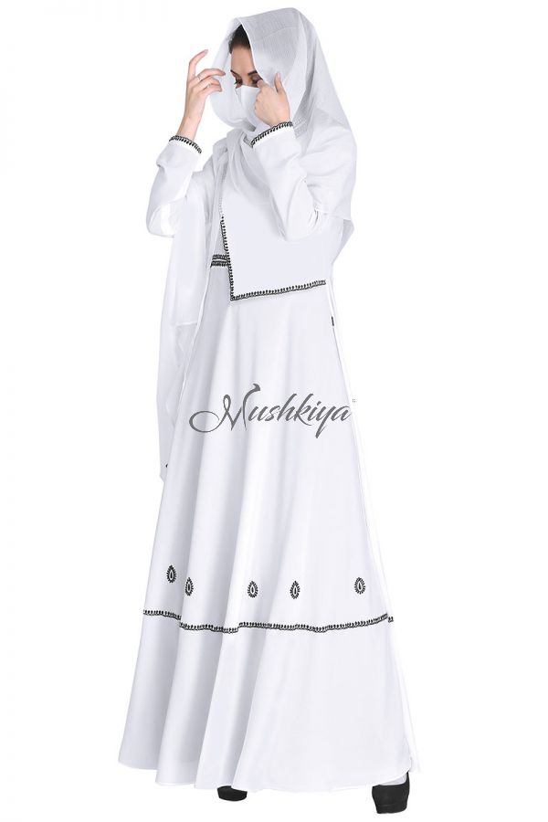Mushkiya-Embroidered-Modest Dress In White Color With Black Embroidery.