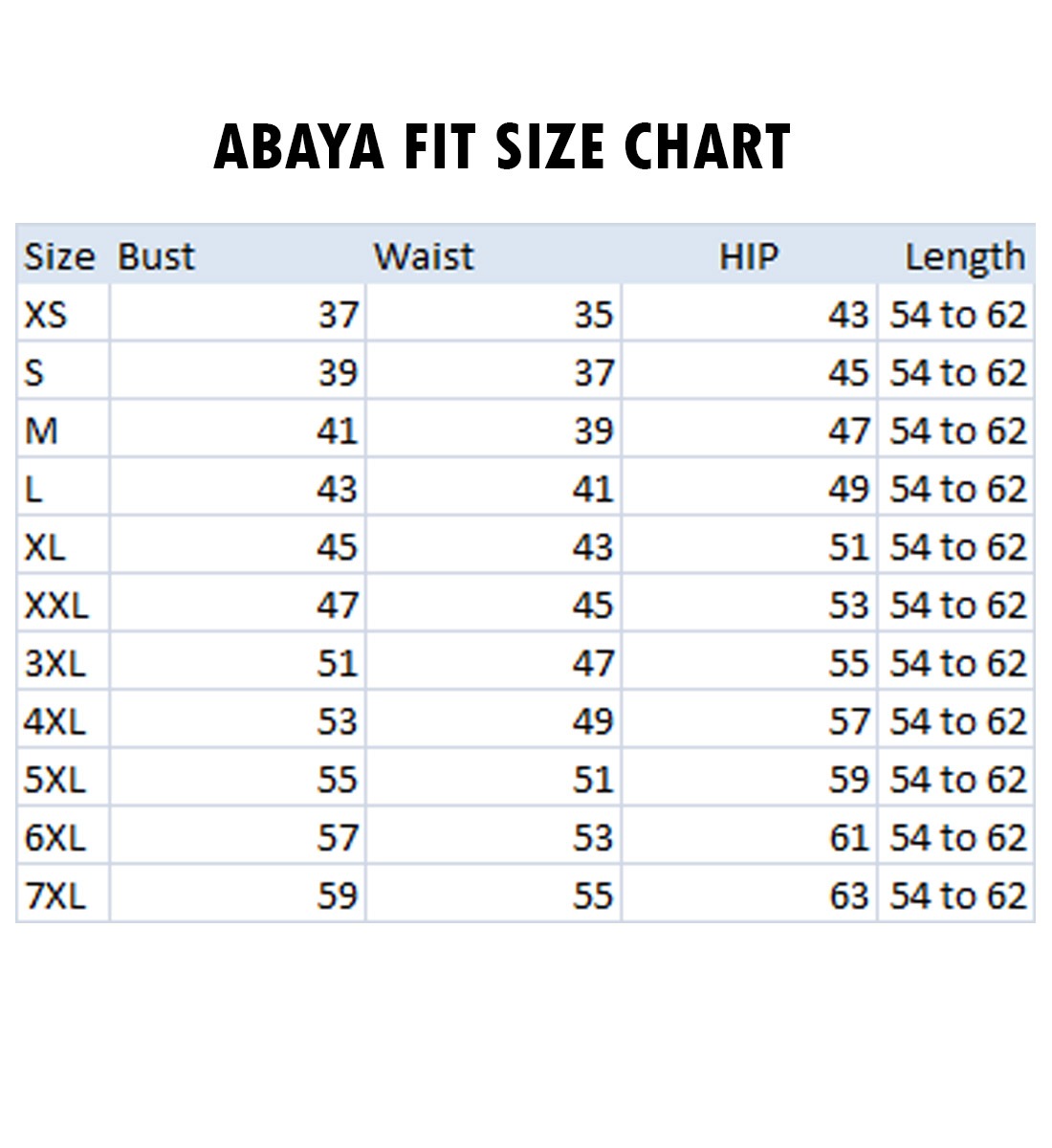 abaya Size Chart